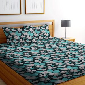 Green Color Floral Print Double Queen Bed sheet with 2 Pillow Covers