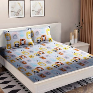 Off White Color Cartoon Characters Print Double Queen Bed sheet with 2 Pillow Covers