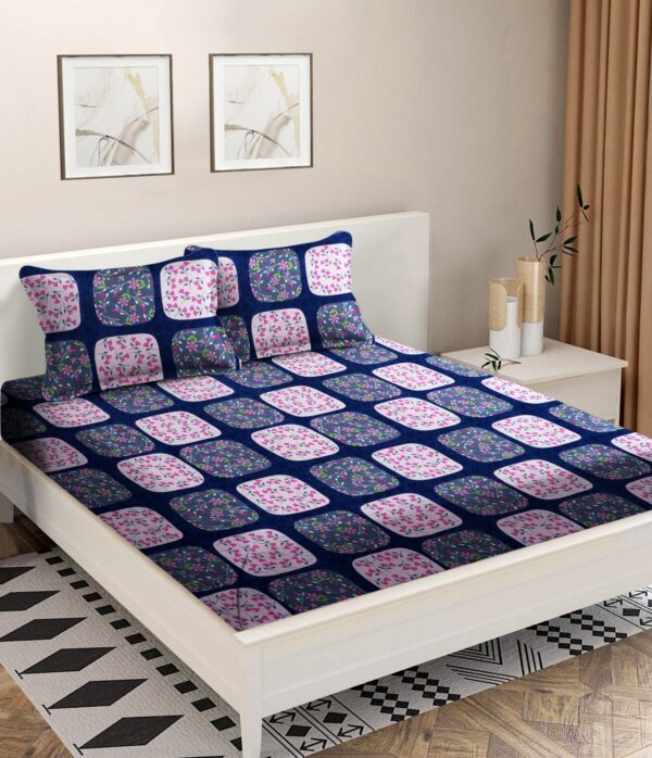 Blue Color Floral Print Double Queen Bed sheet with 2 Pillow Covers
