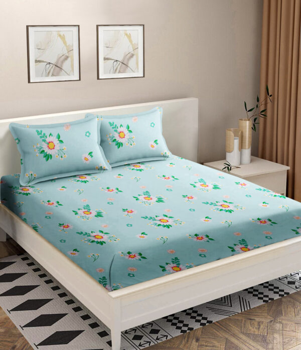 Green Color Floral Print Double Queen Bed sheet with 2 Pillow Covers
