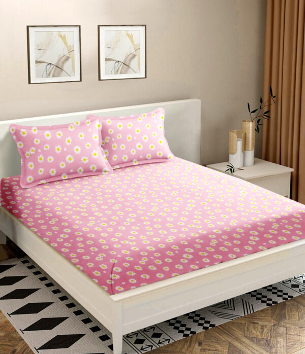 Pink Color Floral Print Double Queen Bed sheet