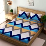 Blue Color Geometric Print Double Queen Bed sheet with 2 Pillow Covers