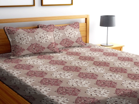 Brown Color Floral Print Double Queen Bed sheet with 2 Pillow Covers