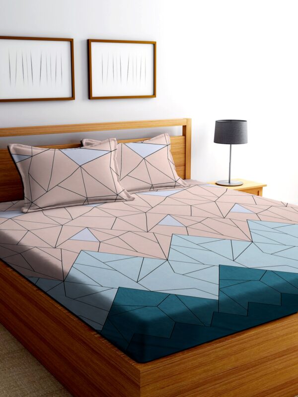 Beige Color Geometric Print Double Queen Bed sheet with 2 Pillow Covers
