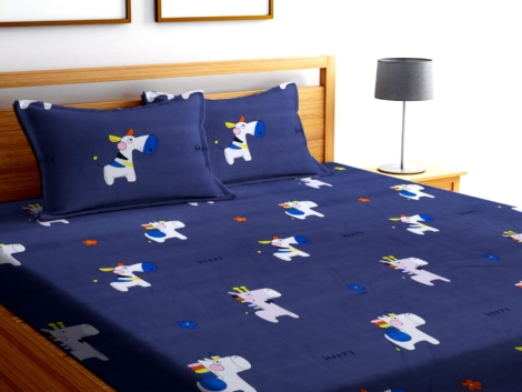 Blue Color Cartoon Characters Print Double Queen Bed sheet with 2 Pillow Covers
